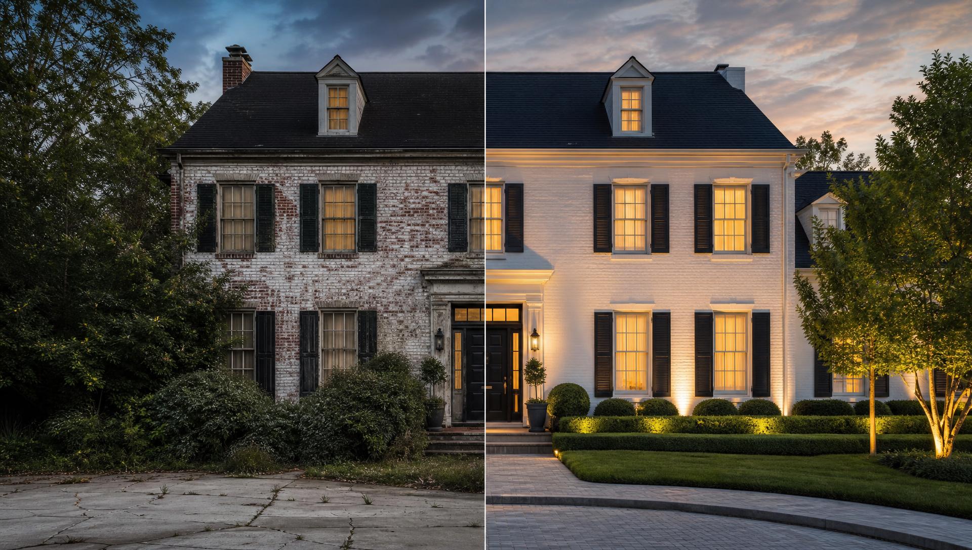 Before and after transformation of a luxury home at dusk